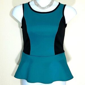 Peplum Sleeveless Tank Top Drop Waist Teal black Trim Stretch Snatched Hourglass